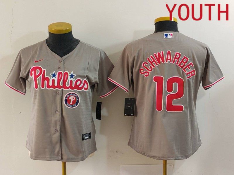 Youth Philadelphia Phillies #12 Schwarber Grey Game 2024 Nike MLB Jersey style 2->youth mlb jersey->Youth Jersey